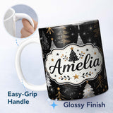 Personalized Custom Name Luxury Christmas Trees Black Gold Silver Glitter Stars Seamless 11oz Ceramic Coffee Tea Mug White Large Handle