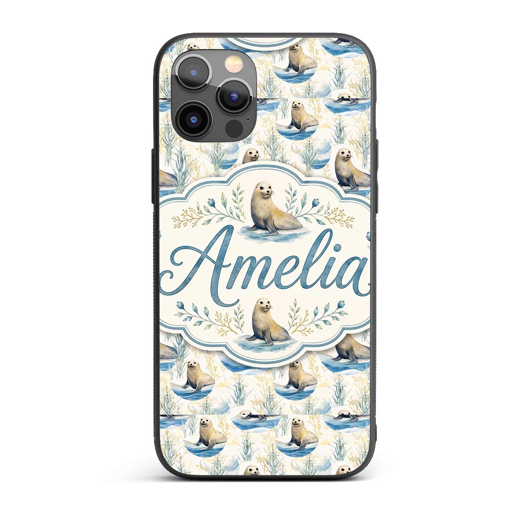 Adorable Seal Illustration with Coastal Plants Custom Name Protective Phone Case Mobile Cover Durable Everyday Smartphone Shock Resistant