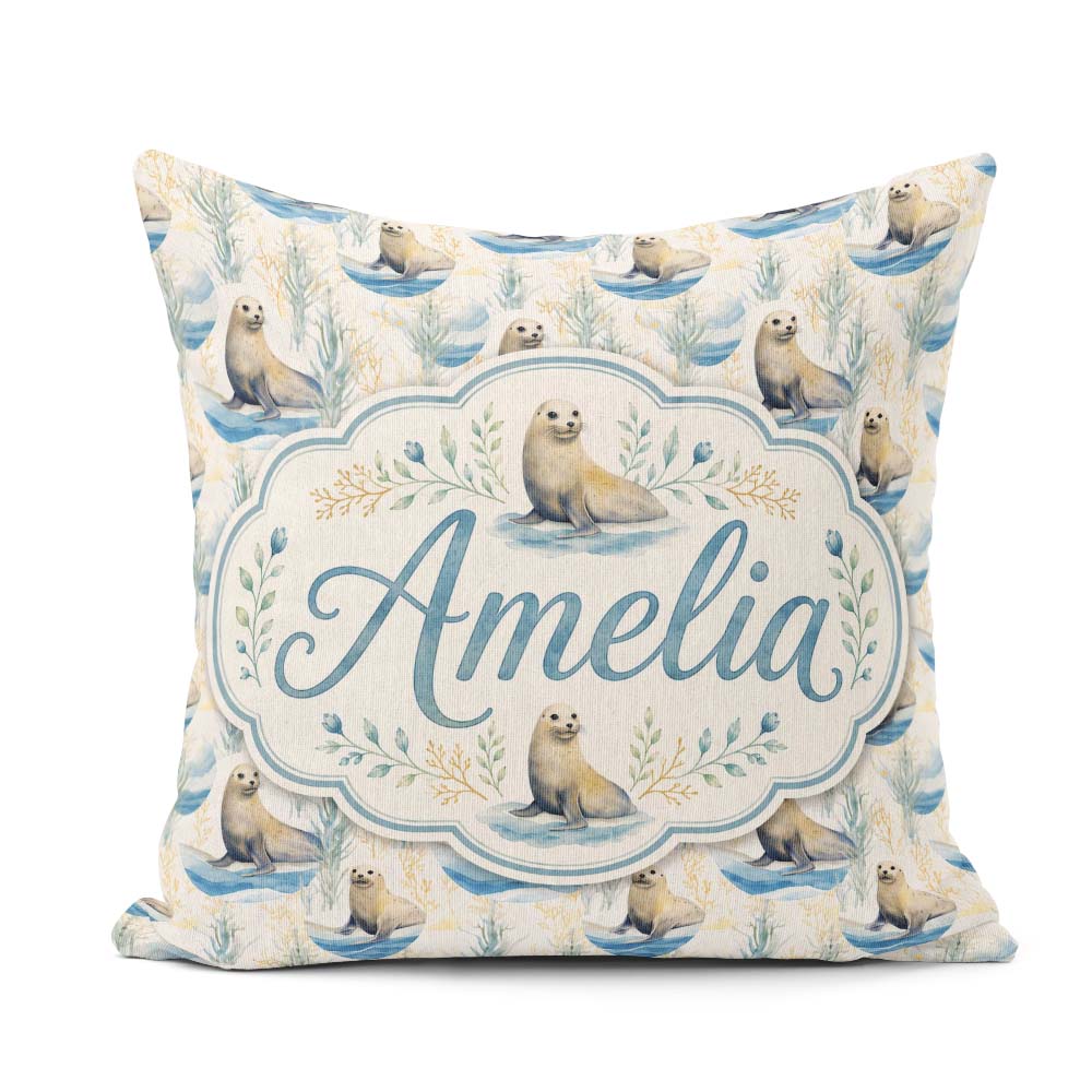 Custom Name Adorable Seal with Coastal Plants Soft Circle Layout Square Filled Cushion Throw Pillow Sofa Bed Home Decor Zip Washable UK Made