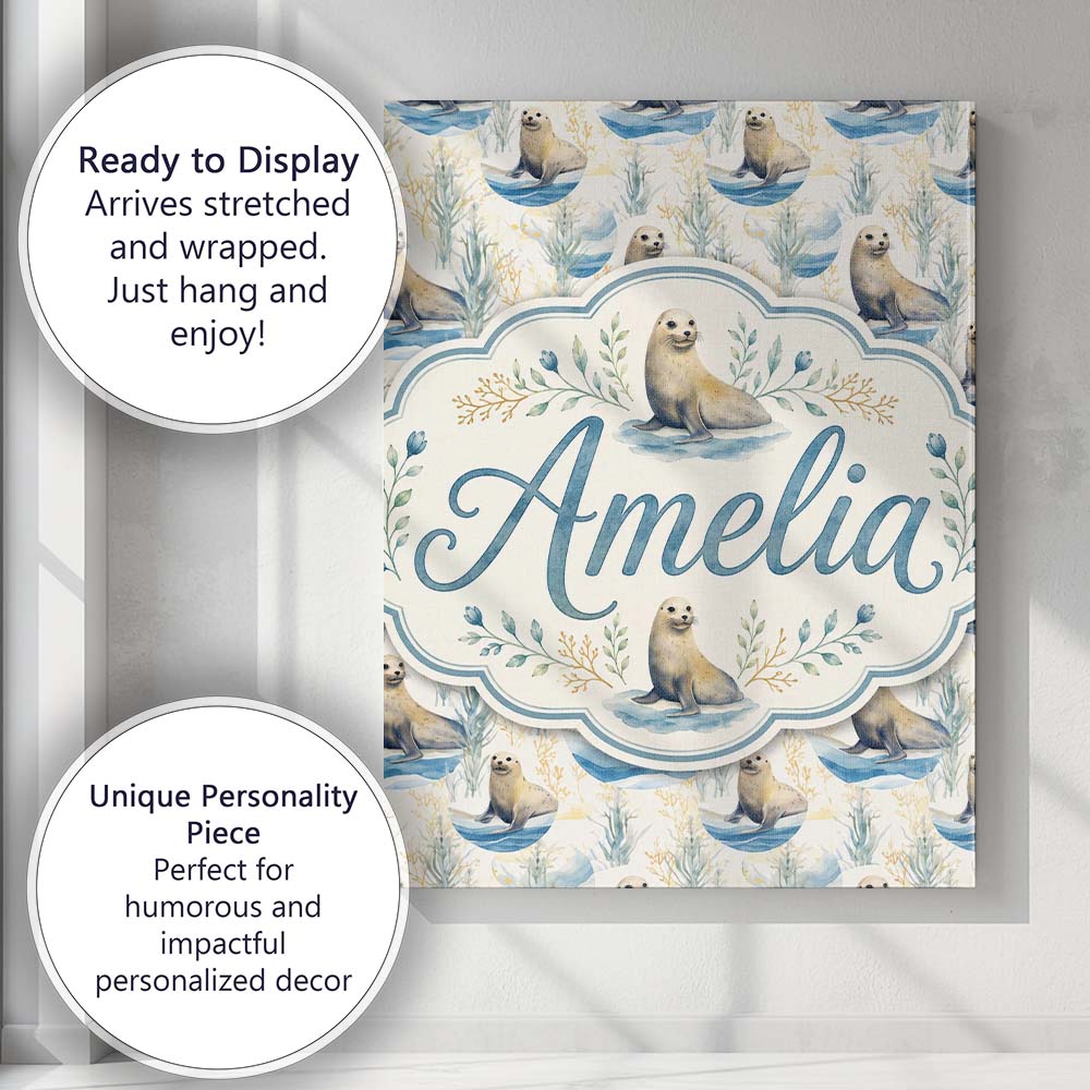 Personalised Name Adorable Seal Illustration Custom Bespoke  Contemporary Display Canvas Wall Art Print Decor Picture Ready to Hang