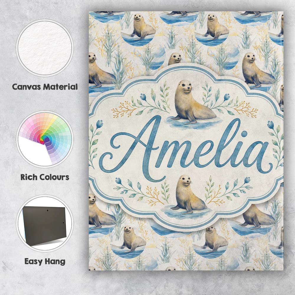 Personalised Name Adorable Seal Illustration Custom Bespoke  Contemporary Display Canvas Wall Art Print Decor Picture Ready to Hang