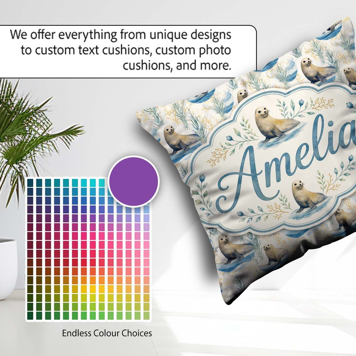 Custom Name Adorable Seal with Coastal Plants Soft Circle Layout Square Filled Cushion Throw Pillow Sofa Bed Home Decor Zip Washable UK Made