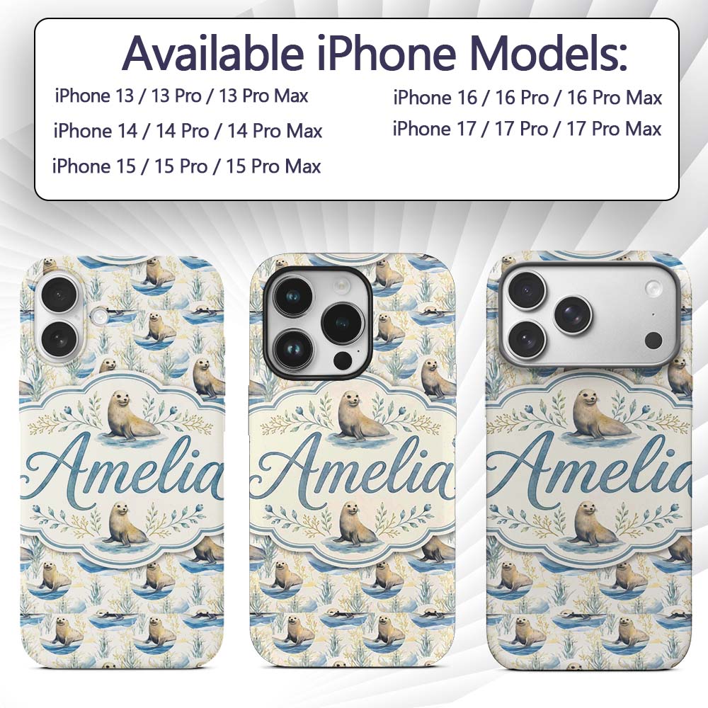 Adorable Seal Illustration with Coastal Plants Custom Name Protective Phone Case Mobile Cover Durable Everyday Smartphone Shock Resistant