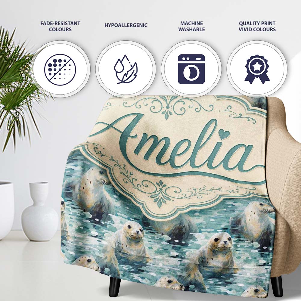 Realistic Seals Swimming in Water Blue Ocean Texture Seamless Lovely  Personalised Custom Name Super Soft Fleece Blanket Bed Sofa Throw