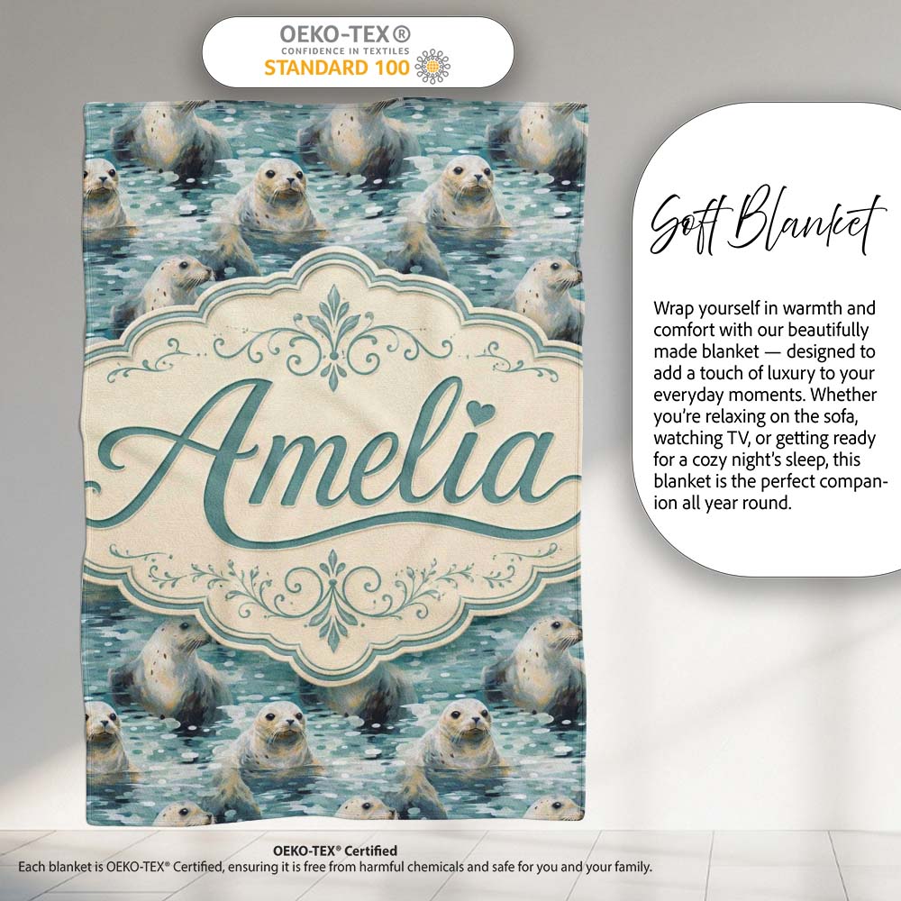 Realistic Seals Swimming in Water Blue Ocean Texture Seamless Lovely  Personalised Custom Name Super Soft Fleece Blanket Bed Sofa Throw