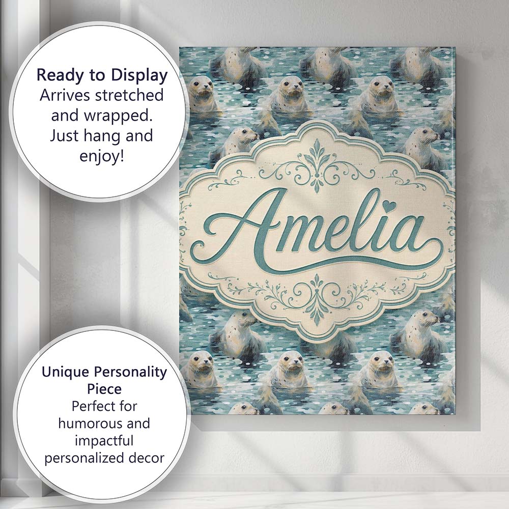 Personalised Name Realistic Seals Swimming Custom  Unique Gift Idea Elegant Feature Canvas Wall Art Print Decor Picture Ready to Hang