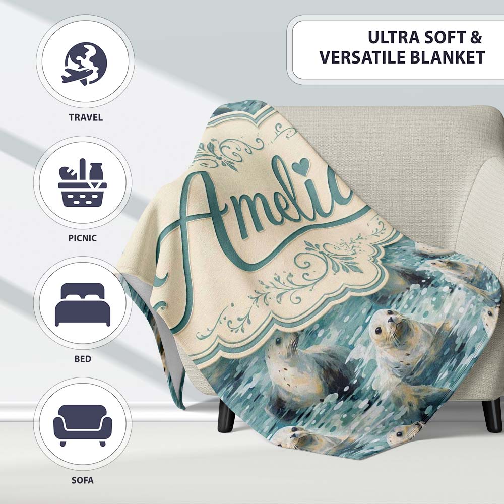 Realistic Seals Swimming in Water Blue Ocean Texture Seamless Lovely  Personalised Custom Name Super Soft Fleece Blanket Bed Sofa Throw