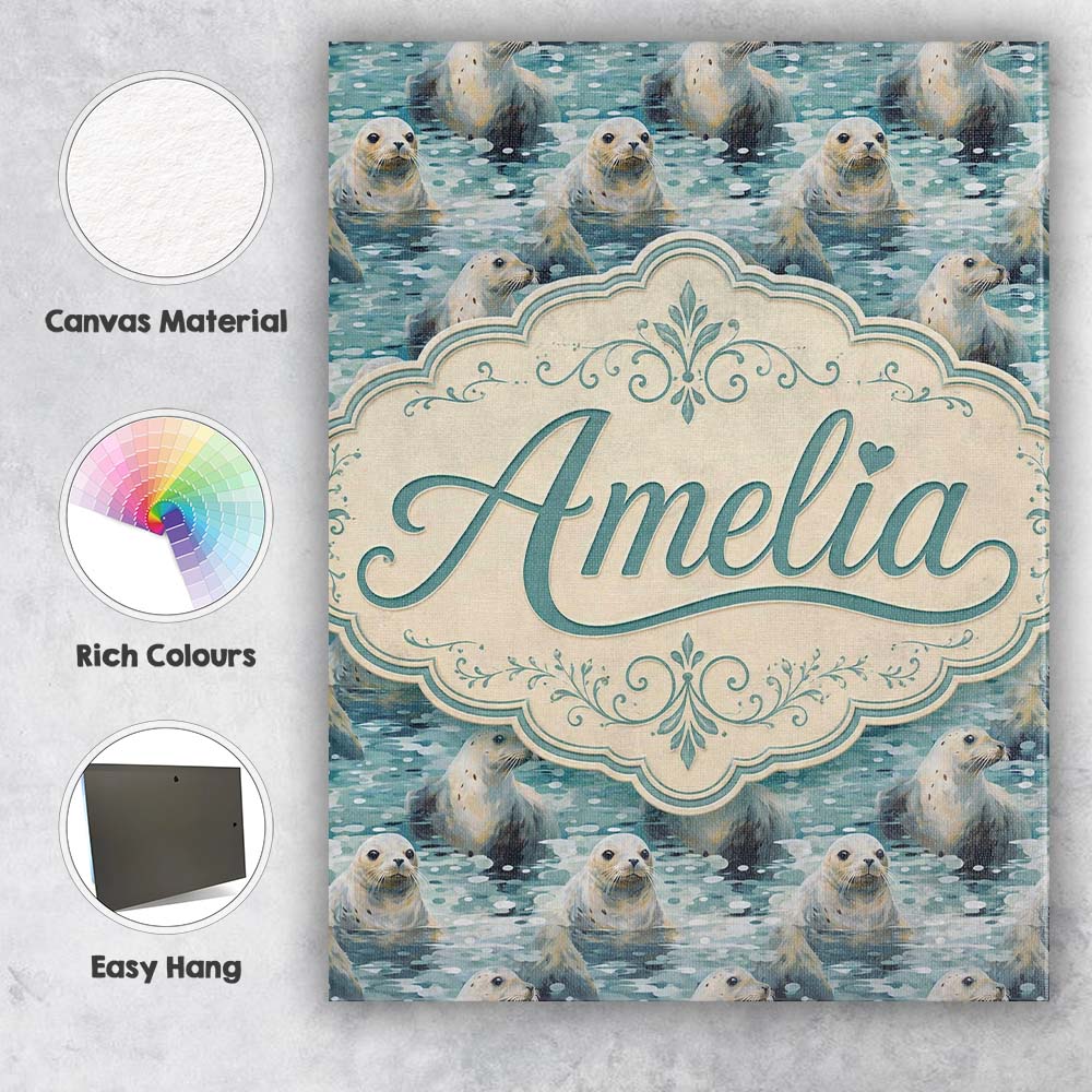 Personalised Name Realistic Seals Swimming Custom  Unique Gift Idea Elegant Feature Canvas Wall Art Print Decor Picture Ready to Hang
