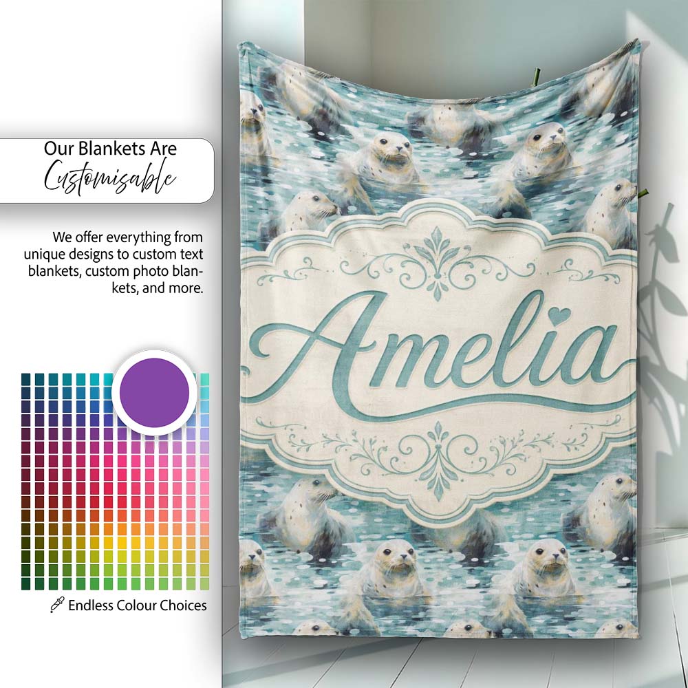 Realistic Seals Swimming in Water Blue Ocean Texture Seamless Lovely  Personalised Custom Name Super Soft Fleece Blanket Bed Sofa Throw
