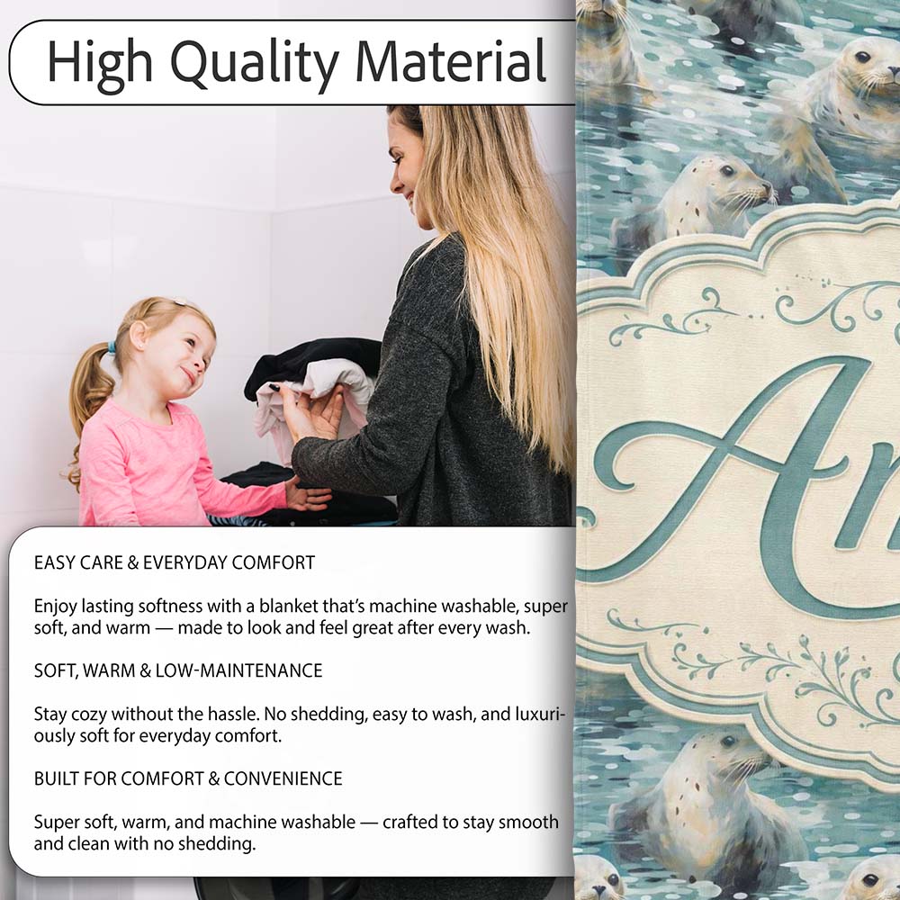 Realistic Seals Swimming in Water Blue Ocean Texture Seamless Lovely  Personalised Custom Name Super Soft Fleece Blanket Bed Sofa Throw