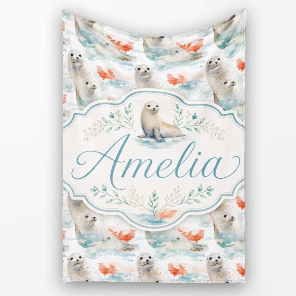 Watercolour Seal Pair with Soft Coral Splash Background Seamless  Personalised Custom Name Super Soft Fleece Blanket Bed Sofa Throw