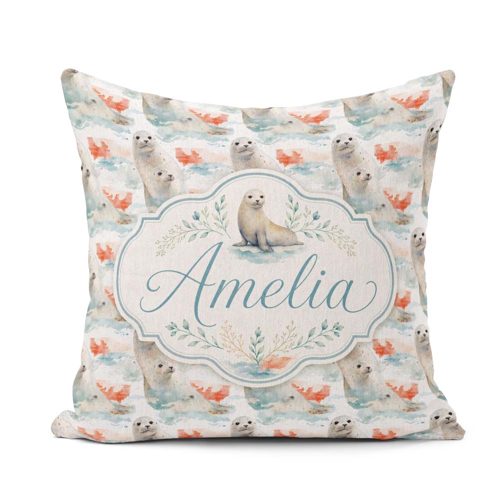 Custom Name Seal Pair with Soft Coral Splash Background Seamless Square Filled Cushion Throw Pillow Sofa Bed Home Decor Zip Washable UK Made