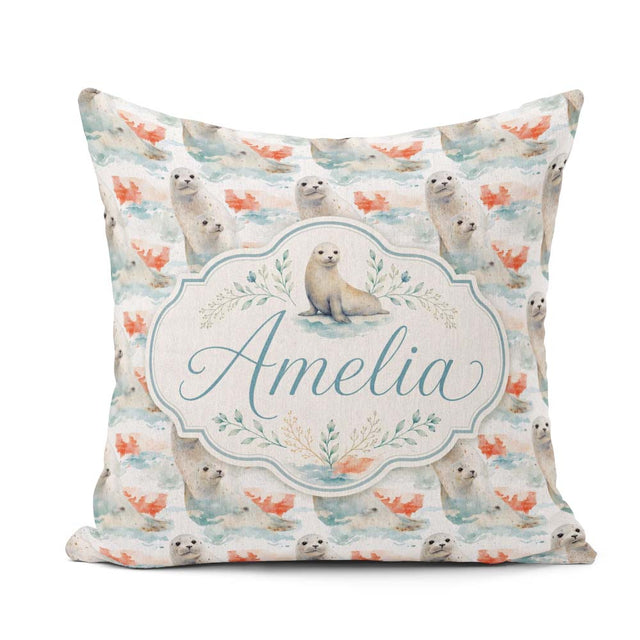 Custom Name Seal Pair with Soft Coral Splash Background Seamless Square Filled Cushion Throw Pillow Sofa Bed Home Decor Zip Washable UK Made