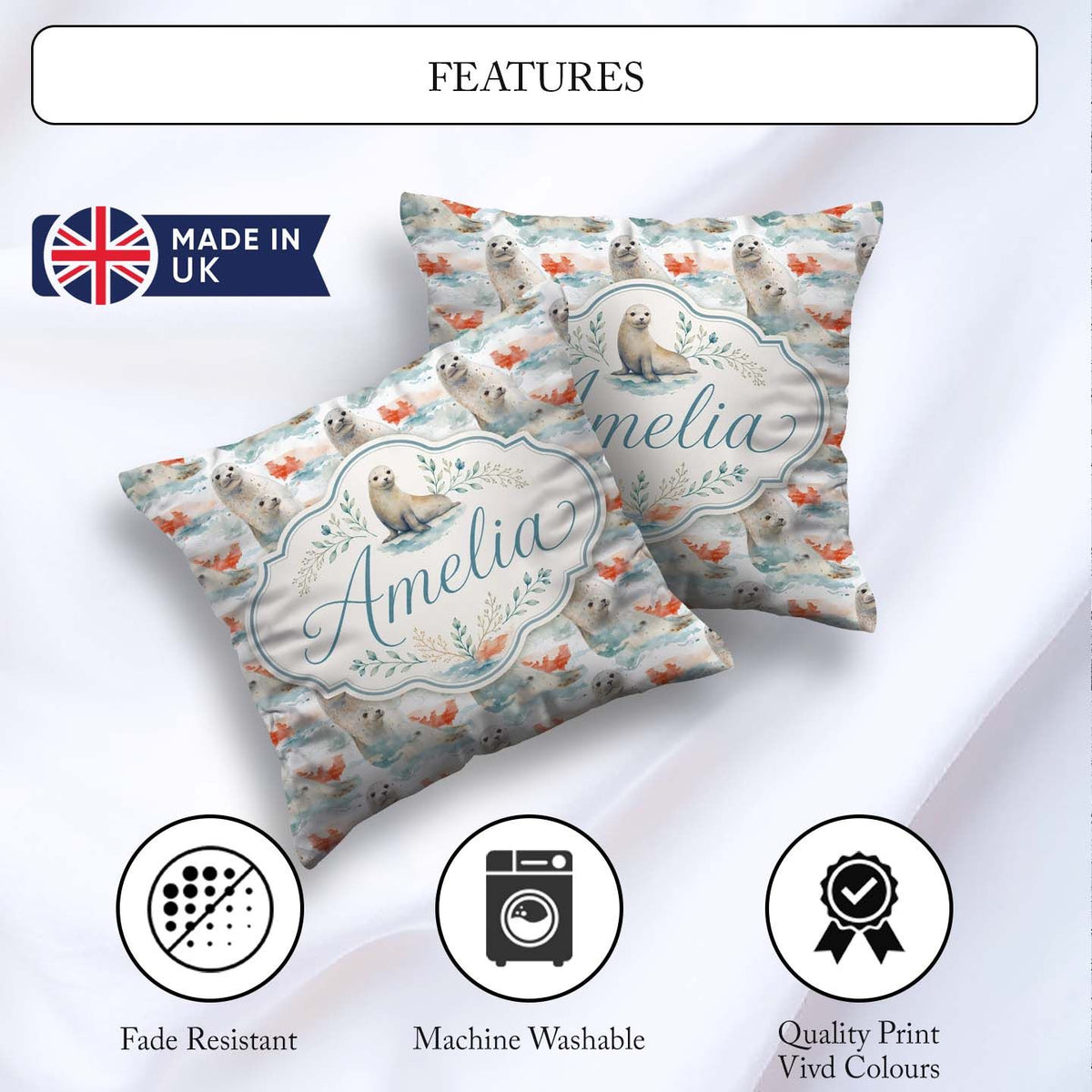 Custom Name Seal Pair with Soft Coral Splash Background Seamless Square Filled Cushion Throw Pillow Sofa Bed Home Decor Zip Washable UK Made