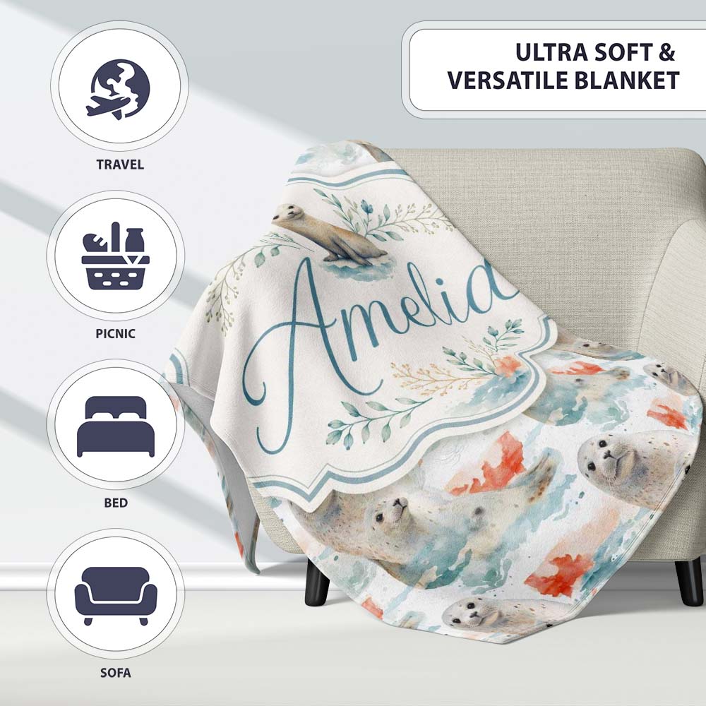 Watercolour Seal Pair with Soft Coral Splash Background Seamless  Personalised Custom Name Super Soft Fleece Blanket Bed Sofa Throw