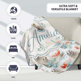 Watercolour Seal Pair with Soft Coral Splash Background Seamless  Personalised Custom Name Super Soft Fleece Blanket Bed Sofa Throw