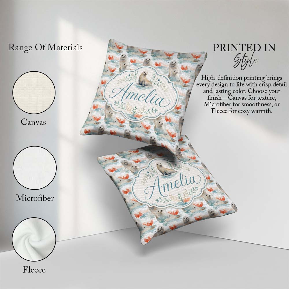 Custom Name Seal Pair with Soft Coral Splash Background Seamless Square Filled Cushion Throw Pillow Sofa Bed Home Decor Zip Washable UK Made