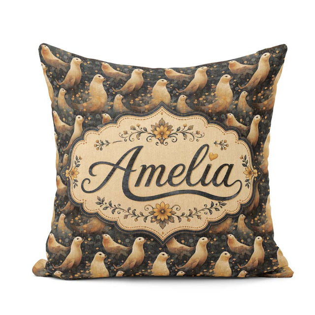 Custom Name Golden Glowing Seals with Floral Background Seamless Square Filled Cushion Throw Pillow Sofa Bed Home Decor Zip Washable UK Made