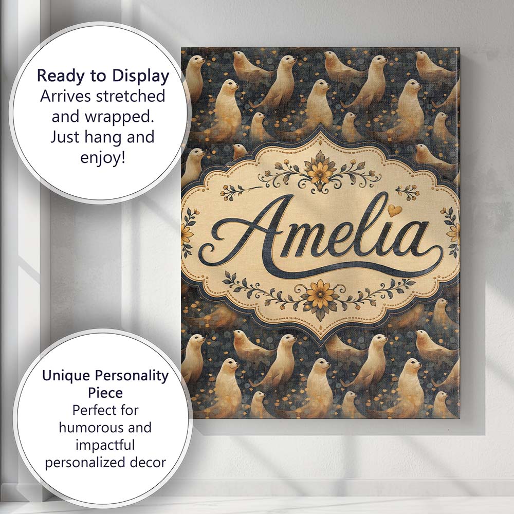 Personalised Name Golden Glowing Seals with Custom  Bespoke Interior Contemporary Canvas Wall Art Print Decor Picture Ready to Hang