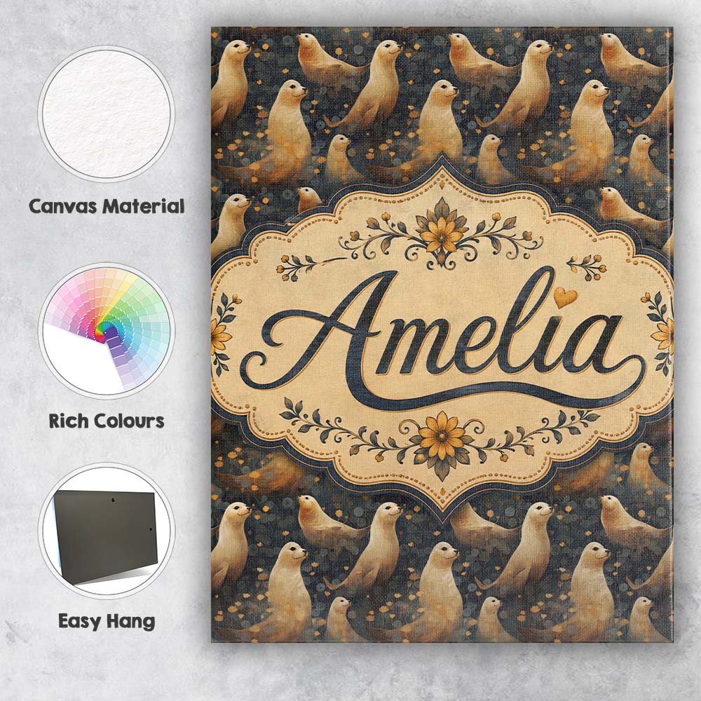 Personalised Name Golden Glowing Seals with Custom  Bespoke Interior Contemporary Canvas Wall Art Print Decor Picture Ready to Hang