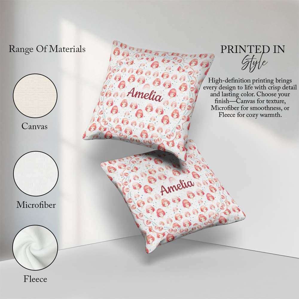 Custom Name Soft Anime Faces Pastel Pink Kawaii Character Design Square Filled Cushion Throw Pillow Sofa Bed Home Decor Zip Washable UK Made