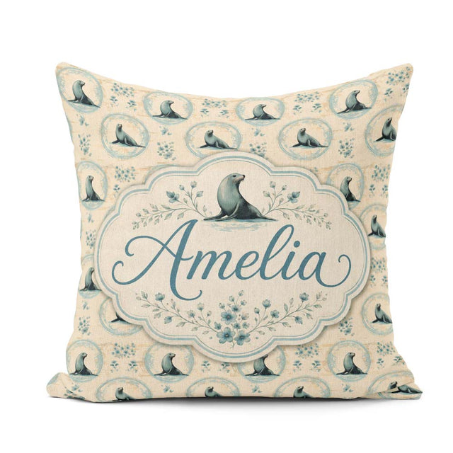 Custom Name Elegant Seal Cameo Frames with Floral Beige Seamless Square Filled Cushion Throw Pillow Sofa Bed Home Decor Zip Washable UK Made