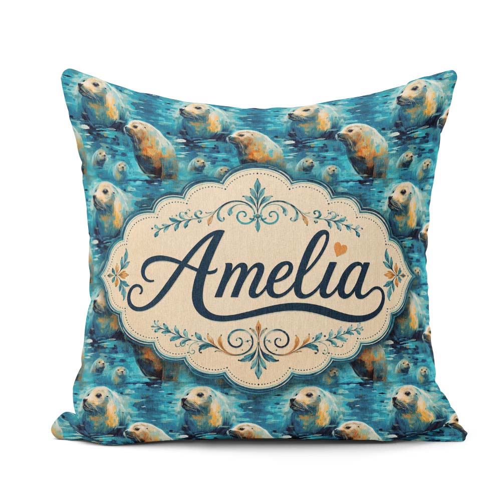 Custom Name Minimalist Seal with Botanical Soft Neutral Seamless Square Filled Cushion Throw Pillow Sofa Bed Home Decor Zip Washable UK Made