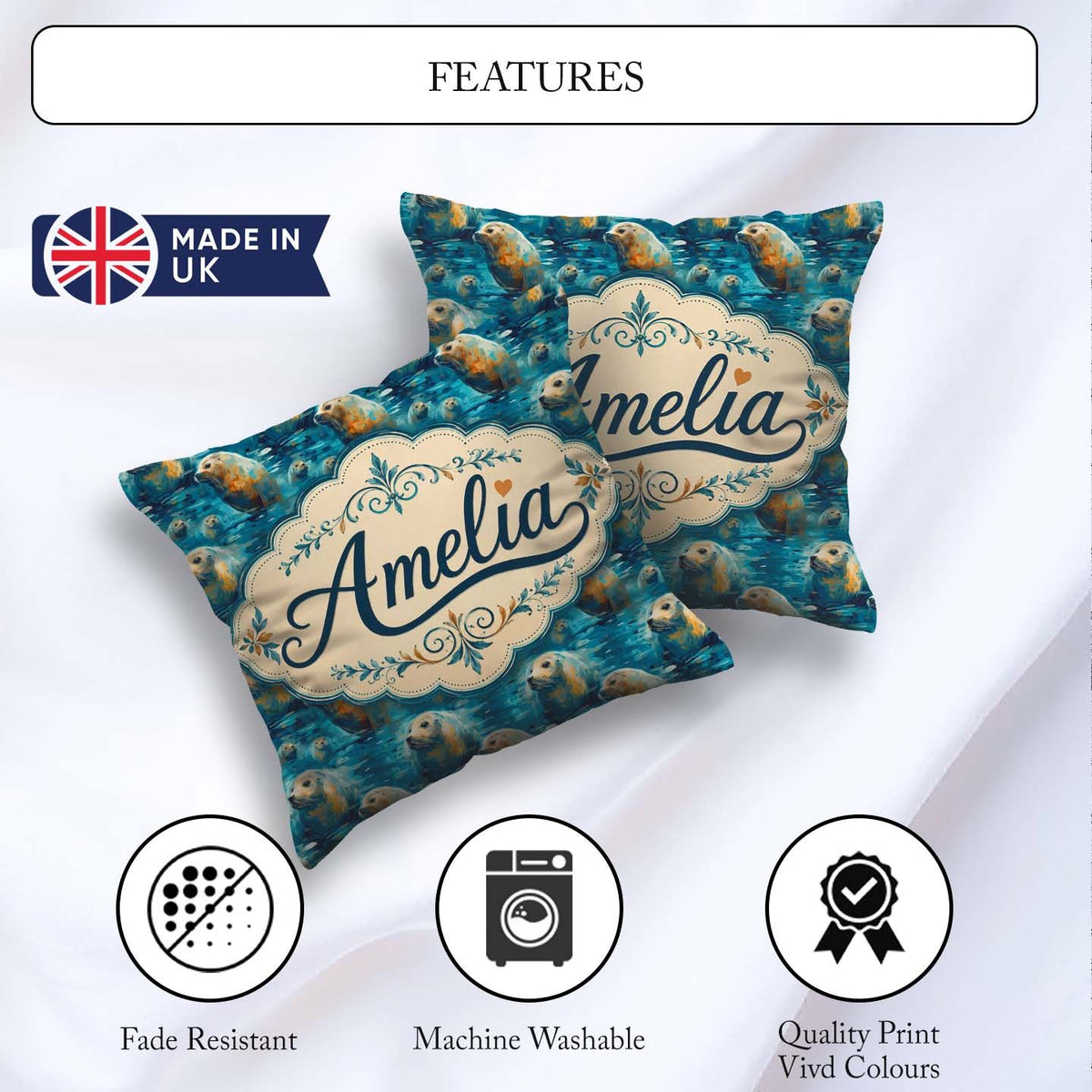 Custom Name Minimalist Seal with Botanical Soft Neutral Seamless Square Filled Cushion Throw Pillow Sofa Bed Home Decor Zip Washable UK Made