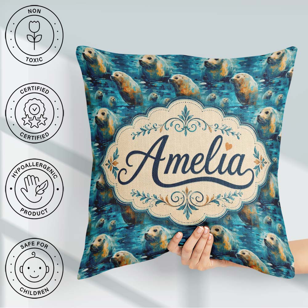 Custom Name Minimalist Seal with Botanical Soft Neutral Seamless Square Filled Cushion Throw Pillow Sofa Bed Home Decor Zip Washable UK Made