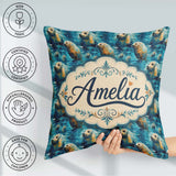 Custom Name Minimalist Seal with Botanical Soft Neutral Seamless Square Filled Cushion Throw Pillow Sofa Bed Home Decor Zip Washable UK Made