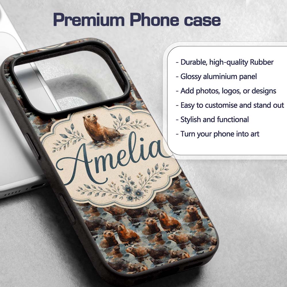 Cute Cartoon Seal Shapes in Blue Minimal Modern Custom Name Protective Phone Case Mobile Cover Durable Everyday Smartphone Shock Resistant