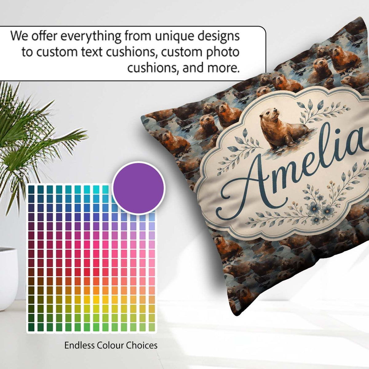 Custom Name Cartoon Seal Shapes in Blue Minimal Seamless Pattern Square Filled Cushion Throw Pillow Sofa Bed Home Decor Zip Washable UK Made