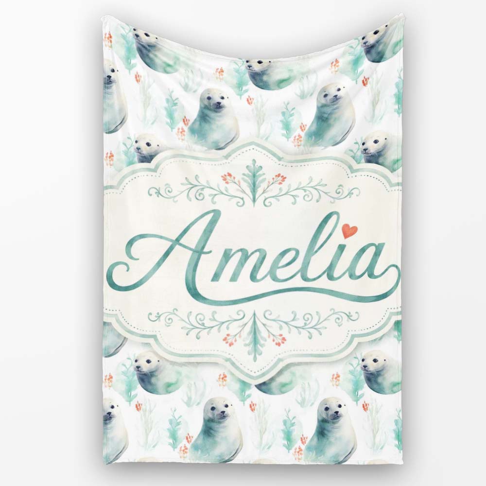 Painterly Seals Swimming in Deep Blue Ocean Artistic Seamless Lovely  Personalised Custom Name Super Soft Fleece Blanket Bed Sofa Throw