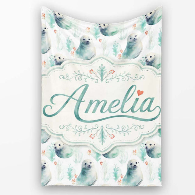 Painterly Seals Swimming in Deep Blue Ocean Artistic Seamless Lovely  Personalised Custom Name Super Soft Fleece Blanket Bed Sofa Throw