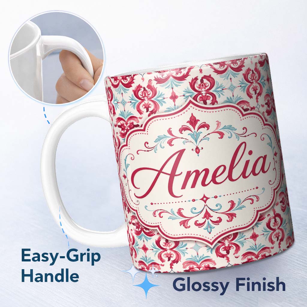 Personalized Custom Name Elegant Red and Teal Decorative Ornamental Seamless Pattern Lovely 11oz Ceramic Coffee Tea Mug White Large Handle