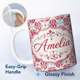 Personalized Custom Name Elegant Red and Teal Decorative Ornamental Seamless Pattern Lovely 11oz Ceramic Coffee Tea Mug White Large Handle