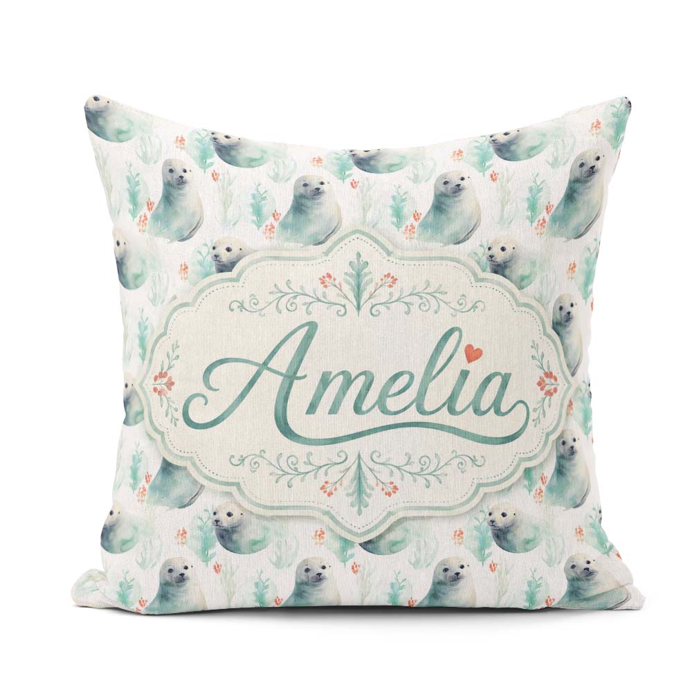 Custom Name Painterly Seals Swimming in Deep Blue Ocean Artistic Square Filled Cushion Throw Pillow Sofa Bed Home Decor Zip Washable UK Made