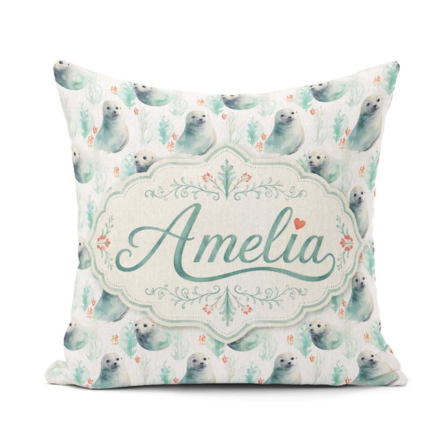 Custom Name Painterly Seals Swimming in Deep Blue Ocean Artistic Square Filled Cushion Throw Pillow Sofa Bed Home Decor Zip Washable UK Made