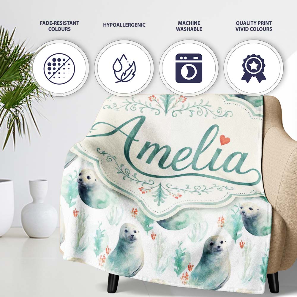 Painterly Seals Swimming in Deep Blue Ocean Artistic Seamless Lovely  Personalised Custom Name Super Soft Fleece Blanket Bed Sofa Throw