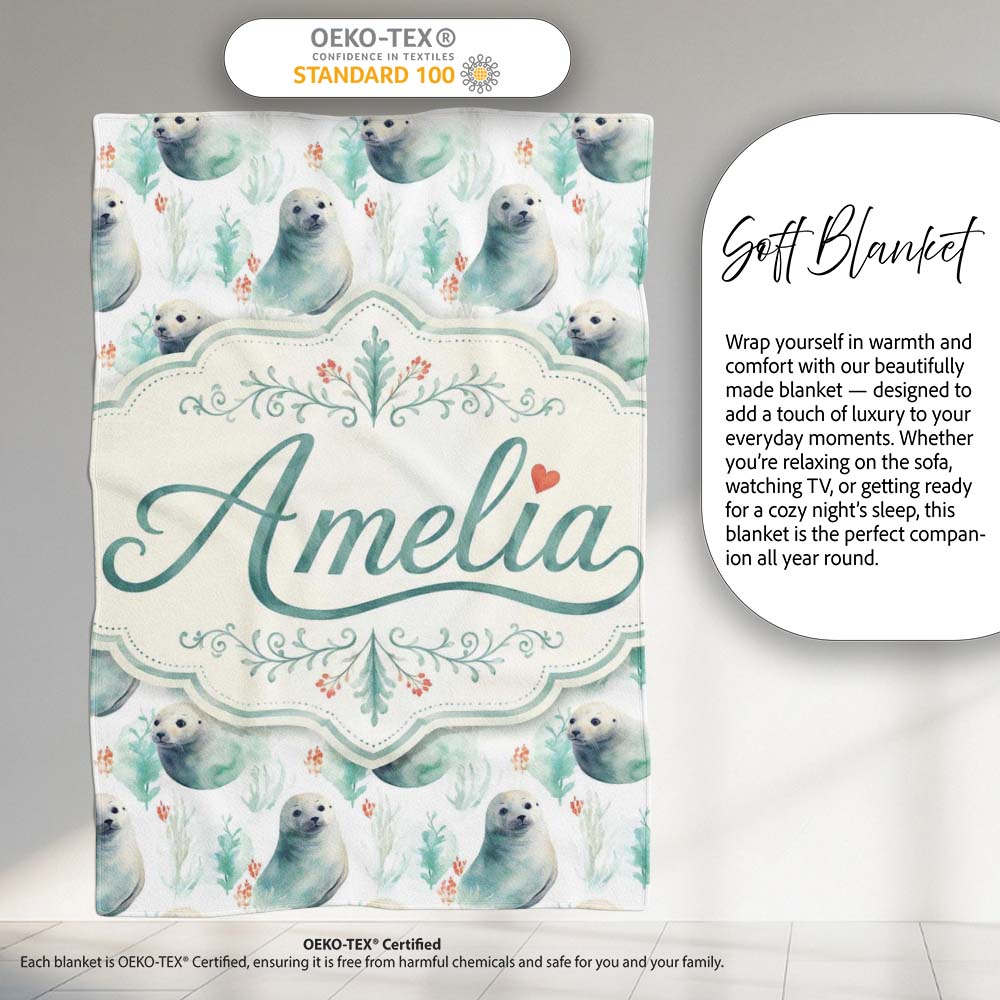 Painterly Seals Swimming in Deep Blue Ocean Artistic Seamless Lovely  Personalised Custom Name Super Soft Fleece Blanket Bed Sofa Throw
