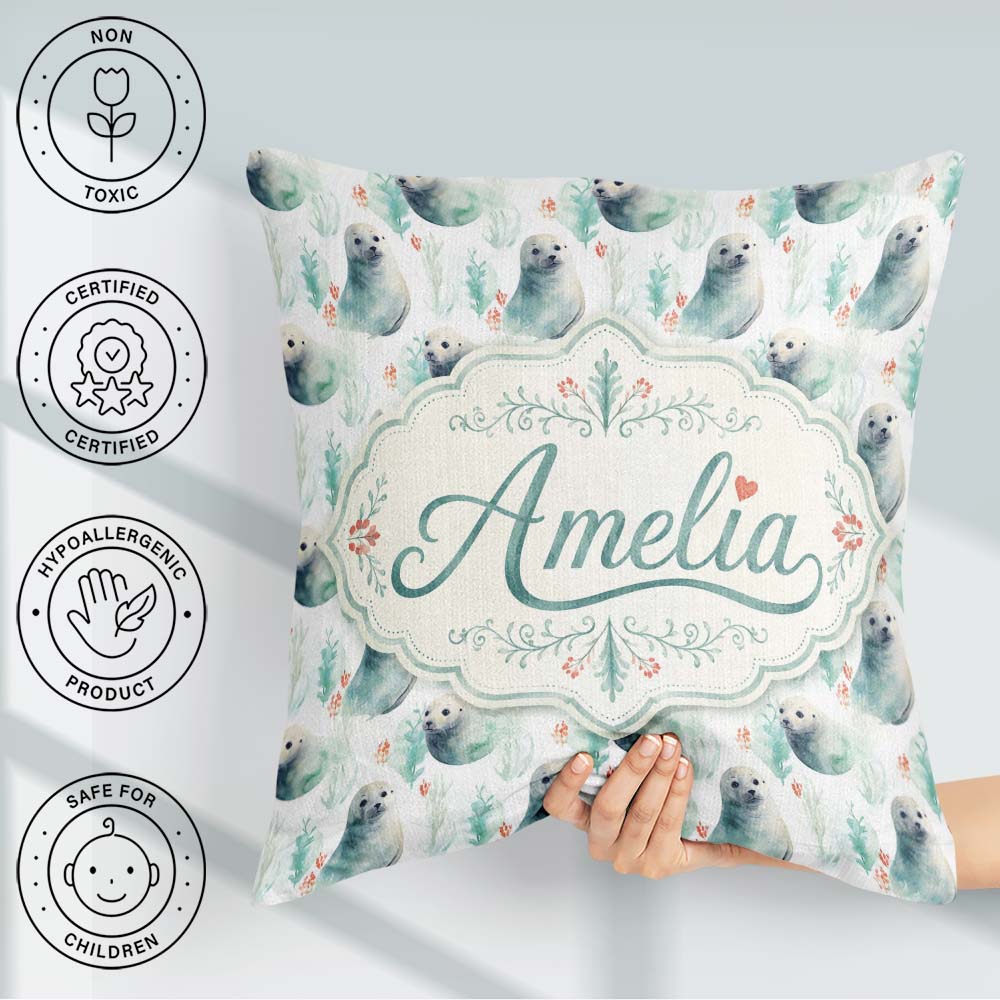Custom Name Painterly Seals Swimming in Deep Blue Ocean Artistic Square Filled Cushion Throw Pillow Sofa Bed Home Decor Zip Washable UK Made