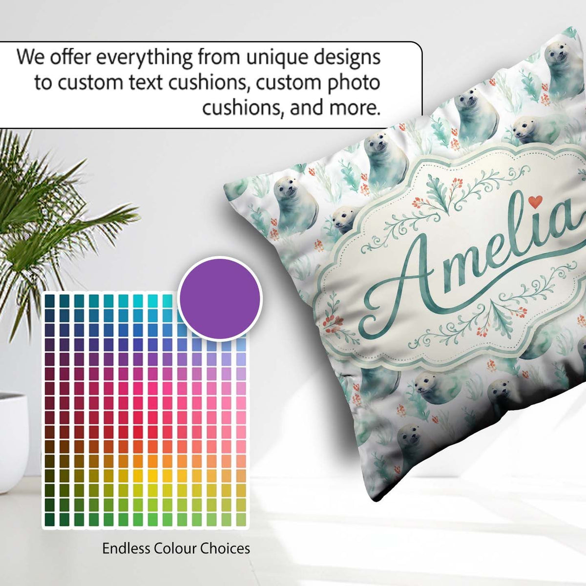 Custom Name Painterly Seals Swimming in Deep Blue Ocean Artistic Square Filled Cushion Throw Pillow Sofa Bed Home Decor Zip Washable UK Made