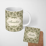 Personalized Custom Name Elegant Pine Branch Pattern on Neutral Background with Subtle Leaf 11oz Ceramic Coffee Tea Mug White Large Handle