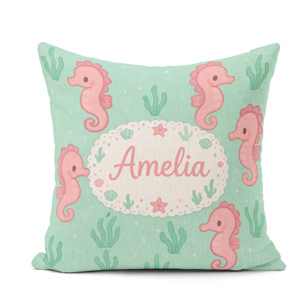 Custom Name Cute Seahorse Ocean Cartoon Animal Pattern Everyday Square Filled Cushion Throw Pillow Sofa Bed Home Decor Zip Washable UK Made