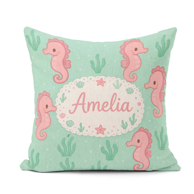 Custom Name Cute Seahorse Ocean Cartoon Animal Pattern Everyday Square Filled Cushion Throw Pillow Sofa Bed Home Decor Zip Washable UK Made