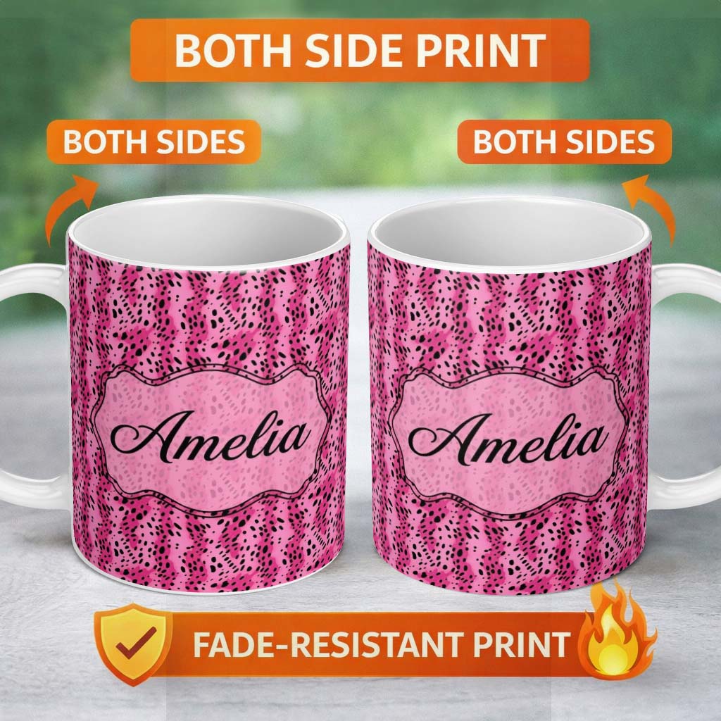 Personalized Custom Name Vibrant Pink and Black Leopard Spot Abstract Seamless Pattern Lovely 11oz Ceramic Coffee Tea Mug White Large Handle