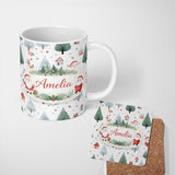 Personalized Custom Name Cute Christmas Santa Reindeer Tree Pattern Kids Festive Seamless 11oz Ceramic Coffee Tea Mug White Large Handle