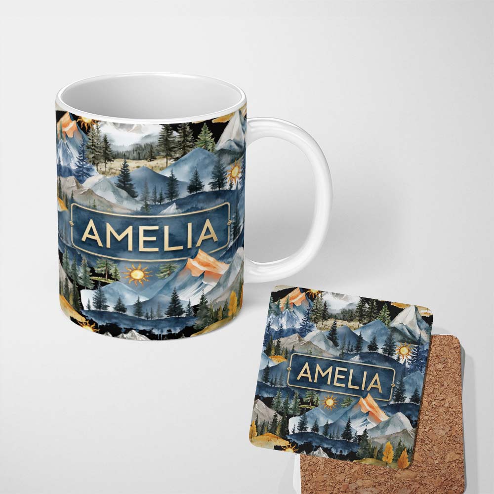 Personalized Custom Name Watercolour Mountain Landscape with Pine Trees and Sun Artistic 11oz Ceramic Coffee Tea Mug White Large Handle