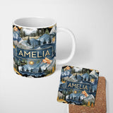 Personalized Custom Name Watercolour Mountain Landscape with Pine Trees and Sun Artistic 11oz Ceramic Coffee Tea Mug White Large Handle