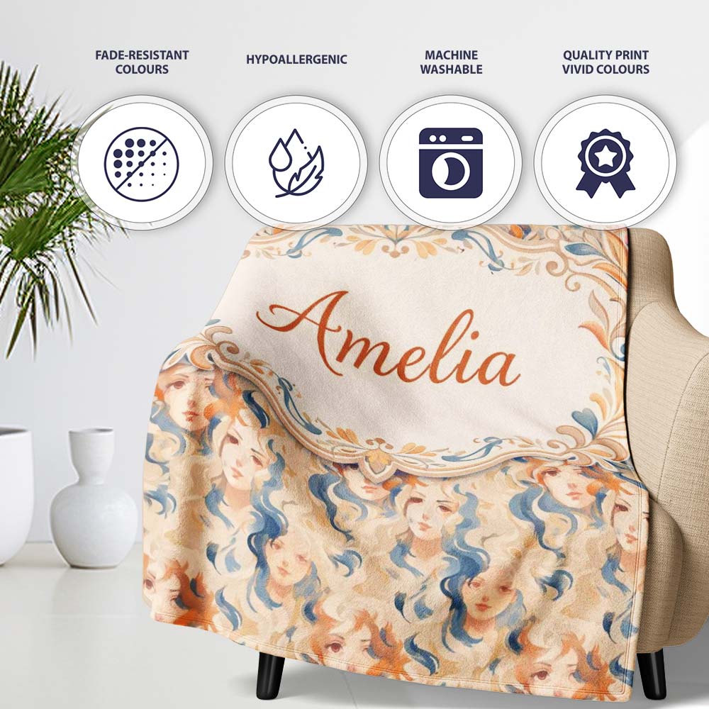 Artistic Female Portrait Cream Blue Abstract Pattern Lovely  Personalised Custom Name Super Soft Fleece Blanket Bed Sofa Throw